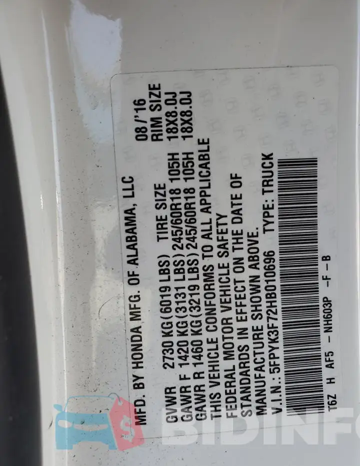5FPYK3F72HB010696 Photo# 12
