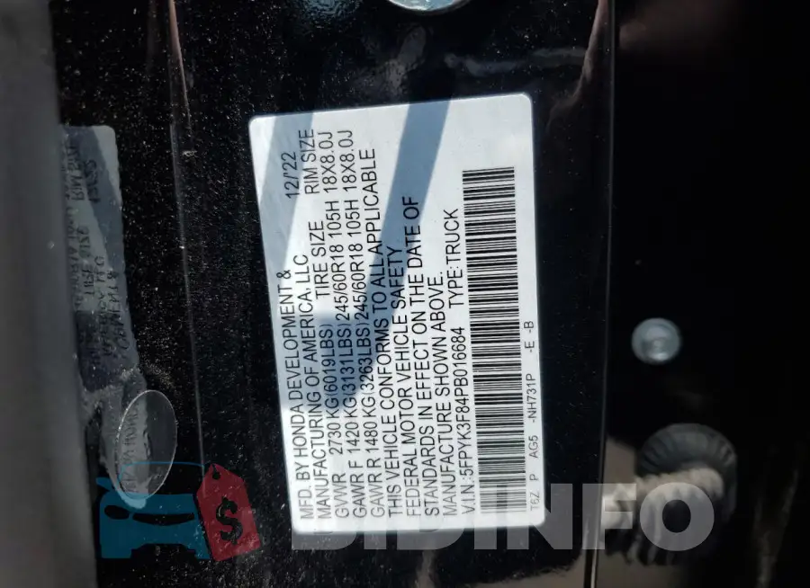 5FPYK3F84PB016684 Photo# 12