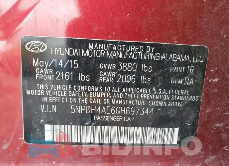 5NPDH4AE6GH697344 Photo# 12