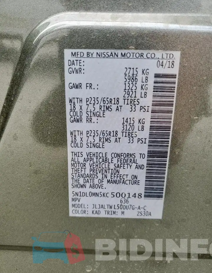 5N1DL0MN5KC500148 Photo# 13