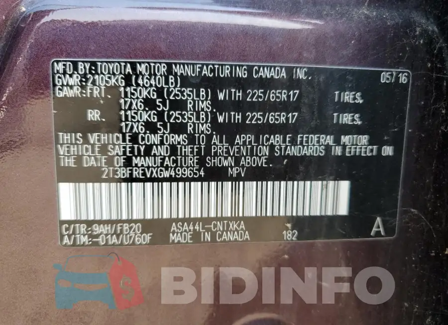 2T3BFREVXGW499654 Photo# 13