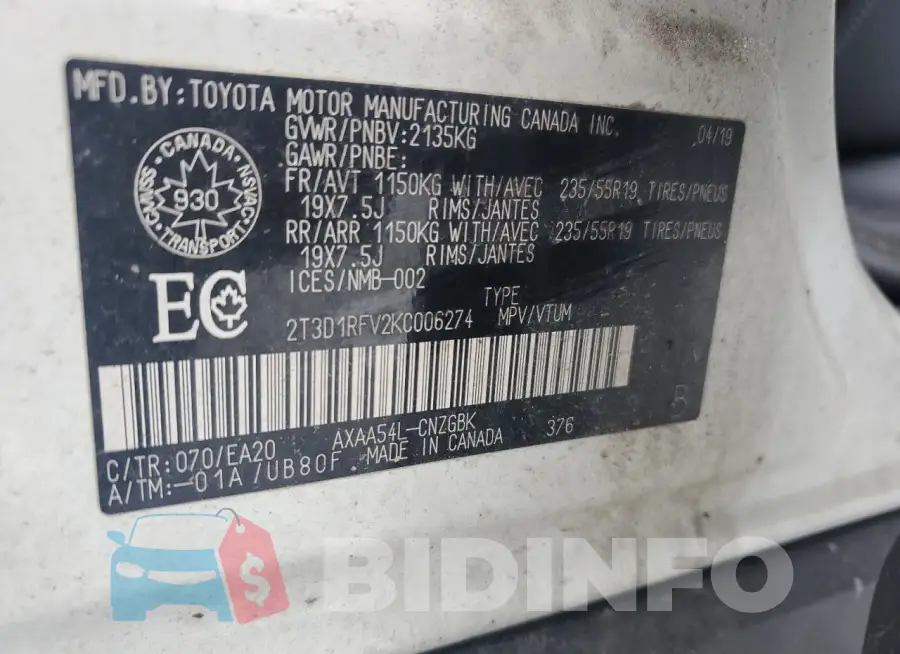 2T3D1RFV2KC006274 Photo# 13