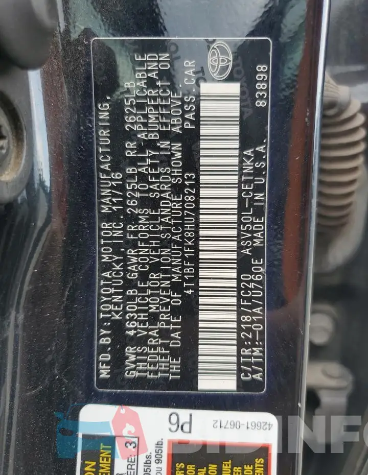 4T1BF1FK8HU708213 Photo# 13