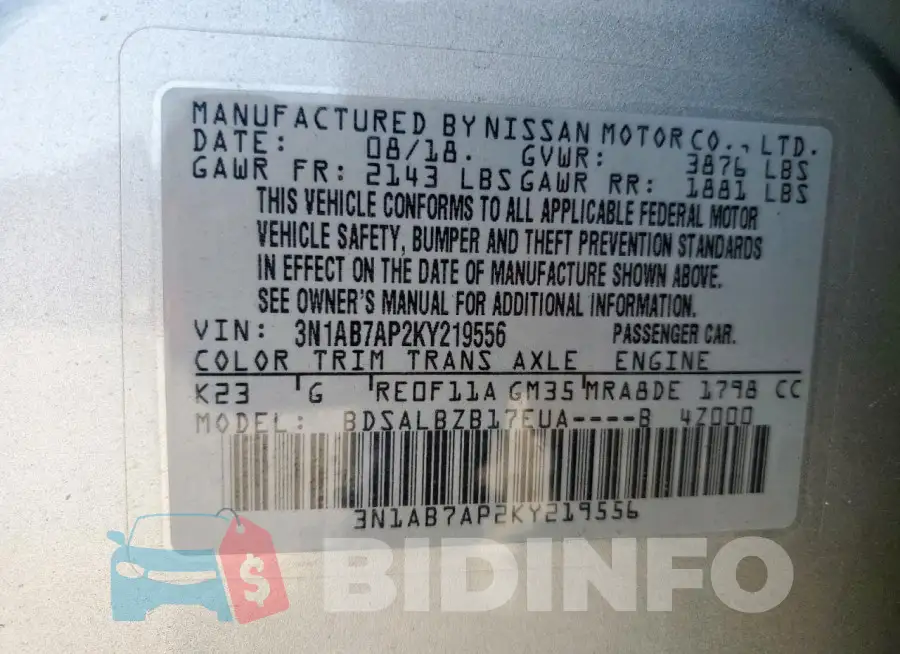 3N1AB7AP2KY219556 Photo# 12