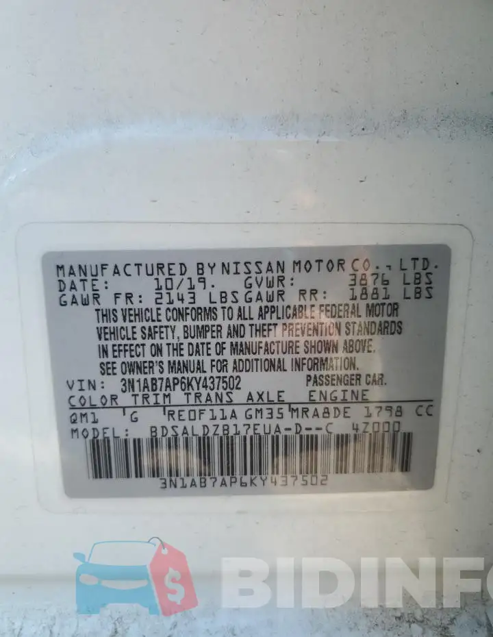3N1AB7AP6KY437502 Photo# 12