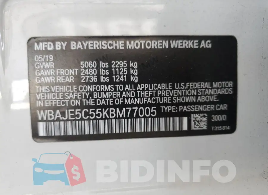 WBAJE5C55KBM77005 Photo# 13