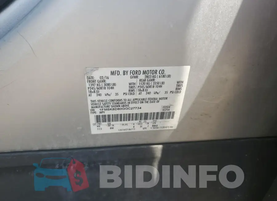 1FM5K8D80GGC27734 Photo# 13