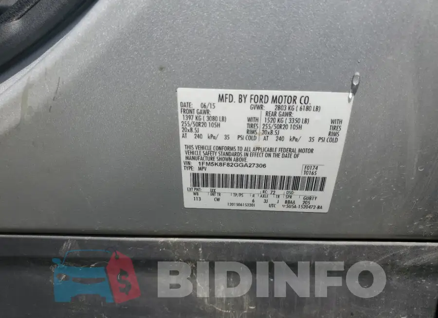 1FM5K8F82GGA27306 Photo# 14