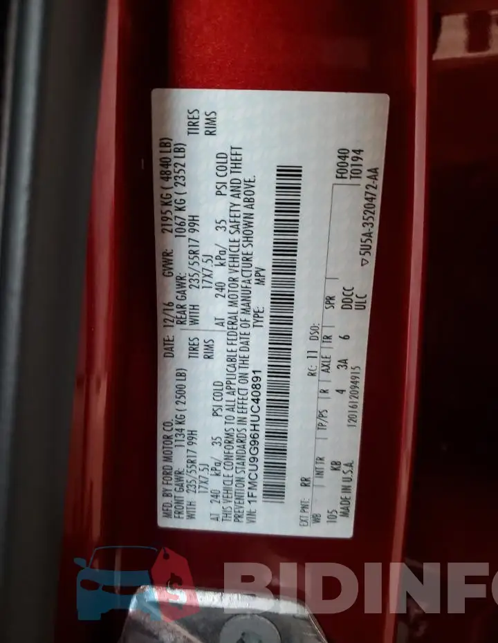 1FMCU9G96HUC40891 Photo# 13