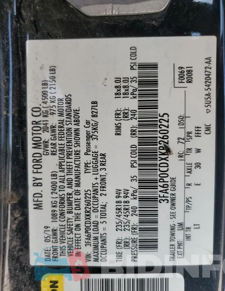 3FA6P0CDXKR260225 Photo# 12