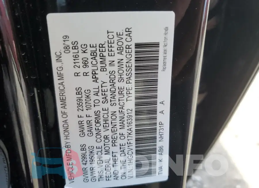 1HGCV1F17KA163912 Photo# 12