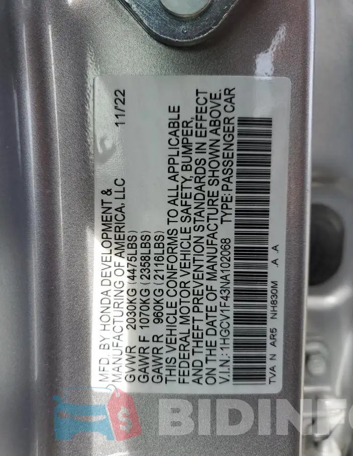 1HGCV1F43NA102068 Photo# 12