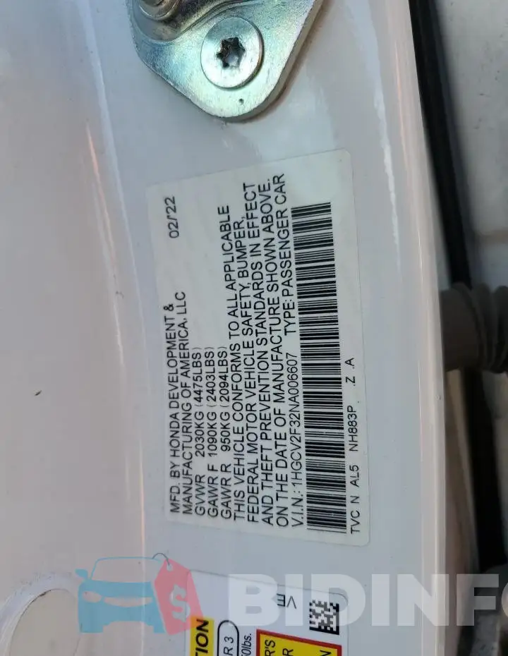 1HGCV2F32NA006607 Photo# 12