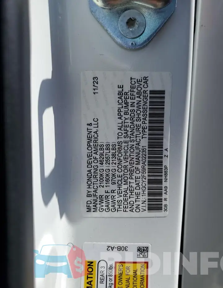 1HGCY2F59RA022351 Photo# 12