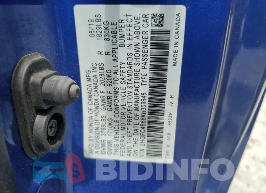 2HGFC4B68KH309645 Photo# 12