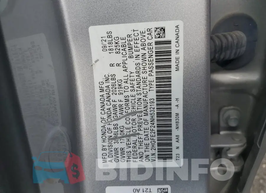 2HGFE2F24NH532193 Photo# 12