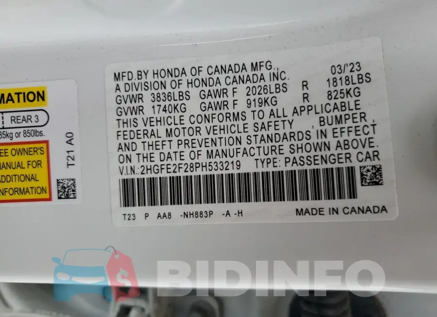 2HGFE2F28PH533219 Photo# 12