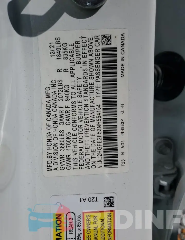 2HGFE2F52NH554154 Photo# 12