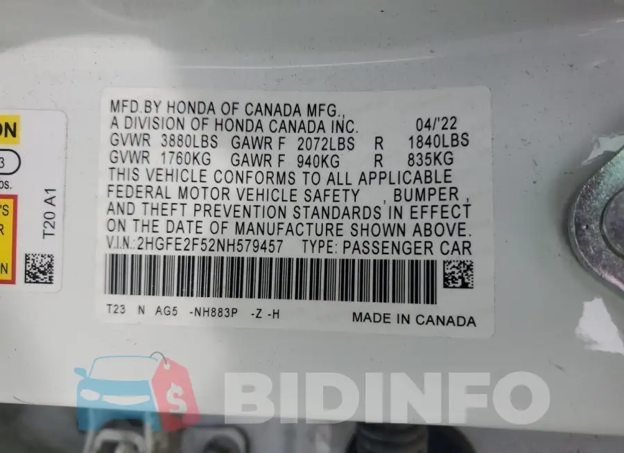 2HGFE2F52NH579457 Photo# 12