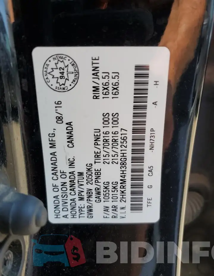 2HKRM4H38GH125617 Photo# 13