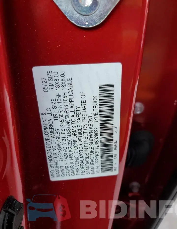 5FPYK3F72NB028692 Photo# 12