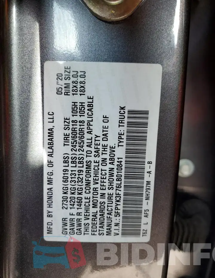 5FPYK3F76LB010841 Photo# 12