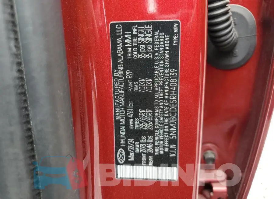 5NMJBCDE5RH408139 Photo# 13