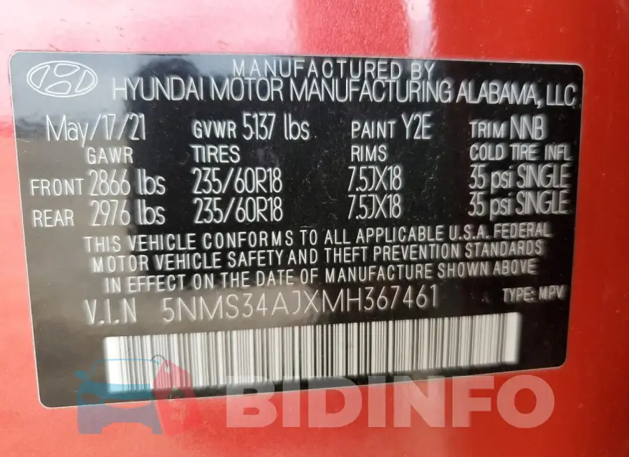 5NMS34AJXMH367461 Photo# 14