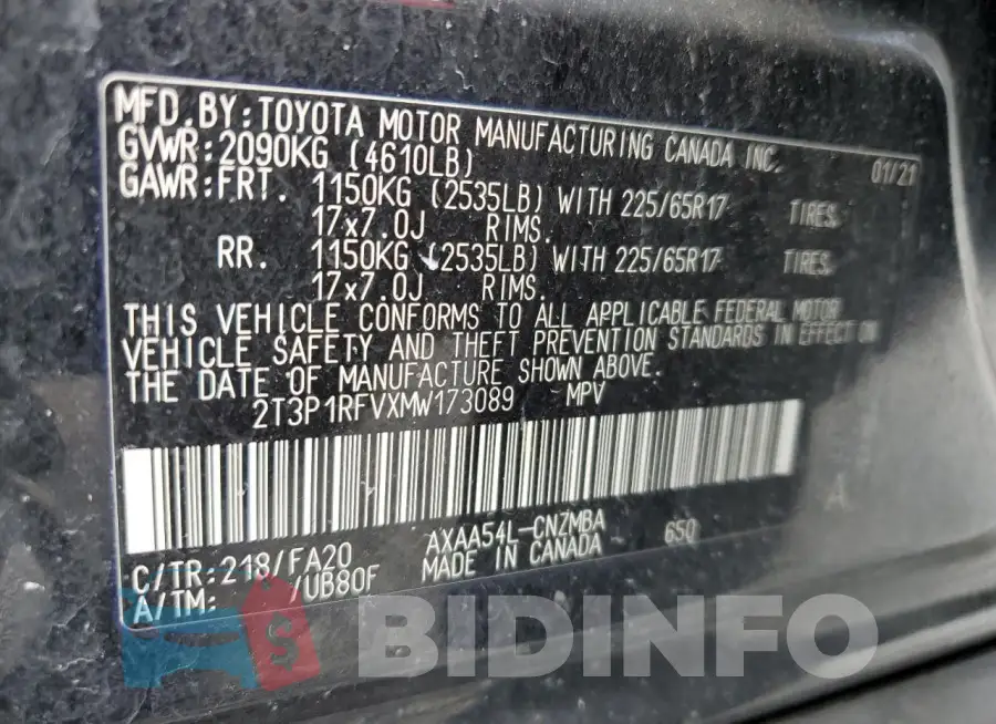 2T3P1RFVXMW173089 Photo# 13