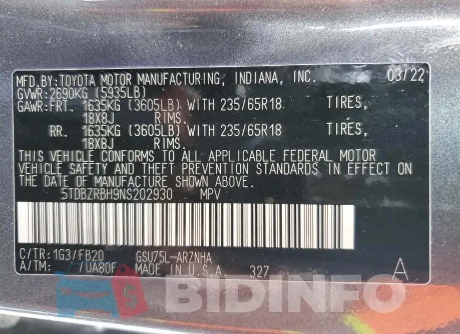 5TDBZRBH9NS202930 Photo# 14