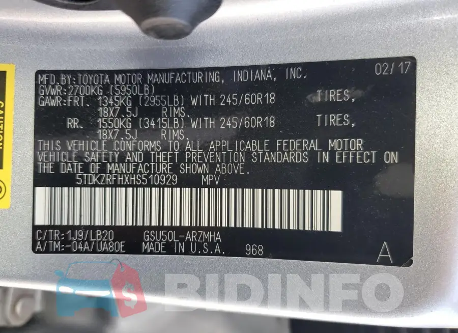 5TDKZRFHXHS510929 Photo# 13