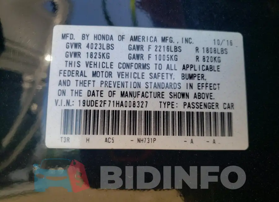 19UDE2F71HA008327 Photo# 12