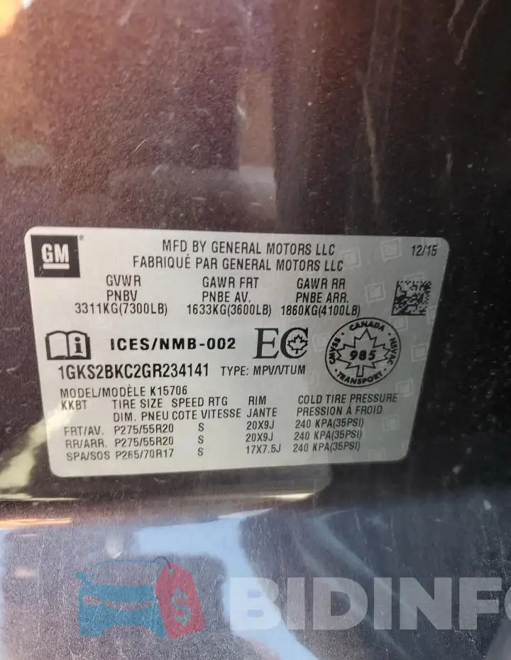 1GKS2BKC2GR234141 Photo# 14
