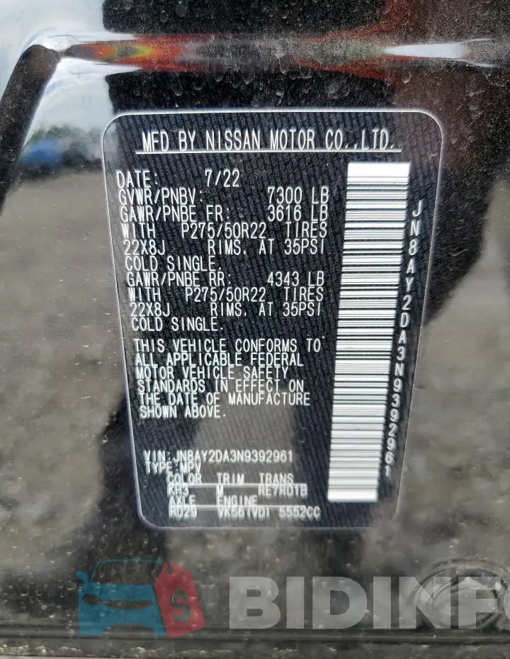 JN8AY2DA3N9392961 Photo# 13