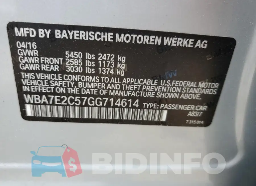 WBA7E2C57GG714614 Photo# 12