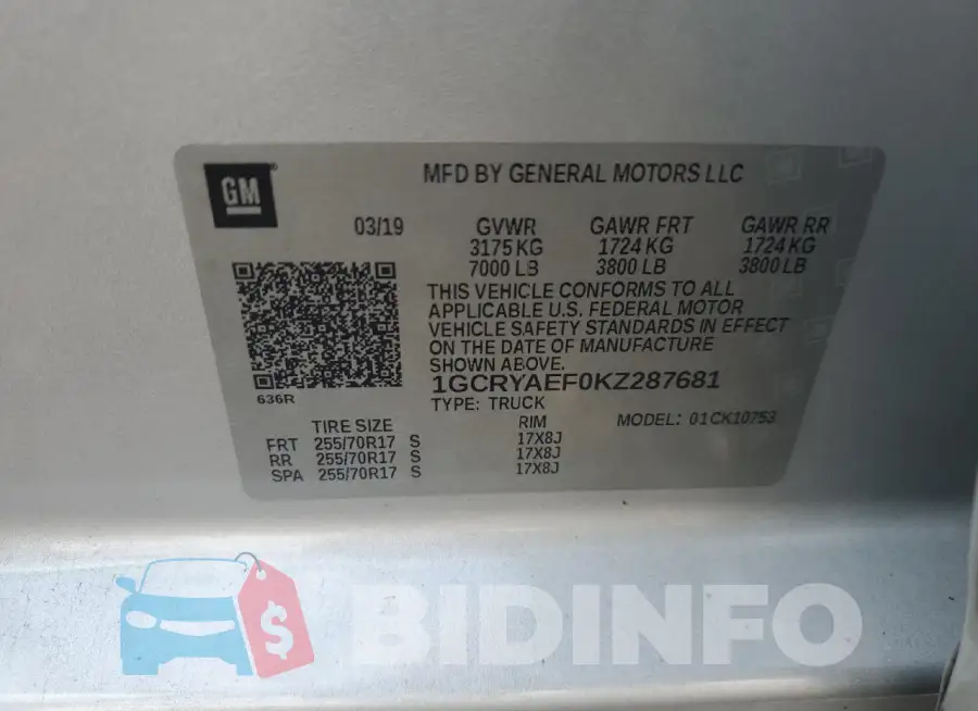 1GCRYAEF0KZ287681 Photo# 12