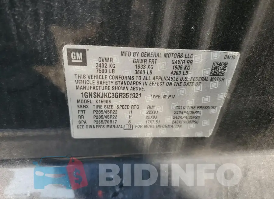 1GNSKJKC3GR351921 Photo# 13