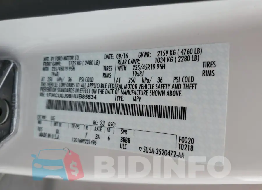 1FMCU0J98HUB85834 Photo# 13