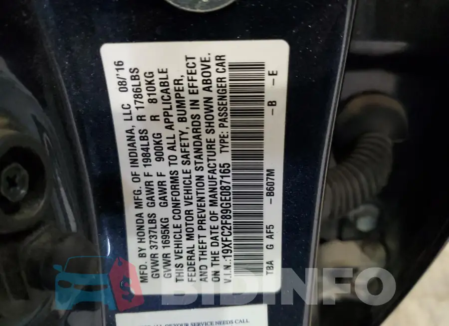 19XFC2F89GE087165 Photo# 12