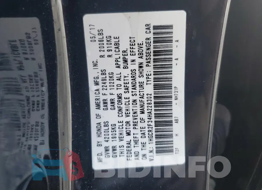 1HGCR2F34HA228302 Photo# 12