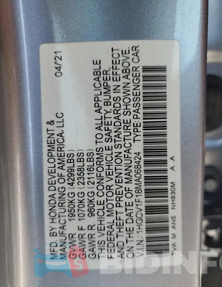 1HGCV1F18MA068424 Photo# 12