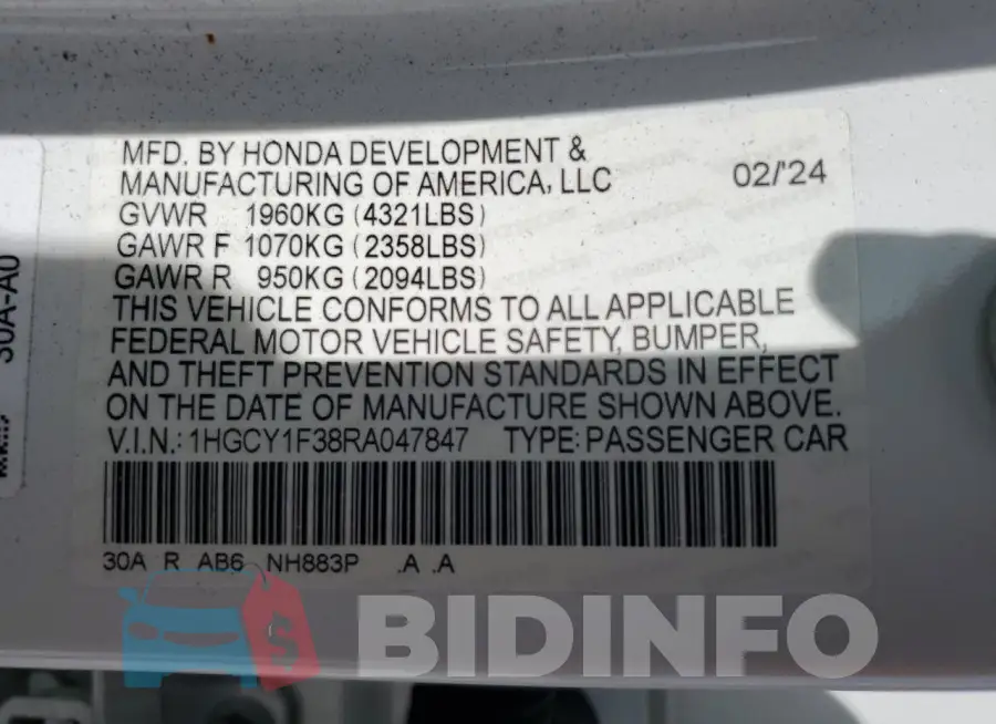 1HGCY1F38RA047847 Photo# 13