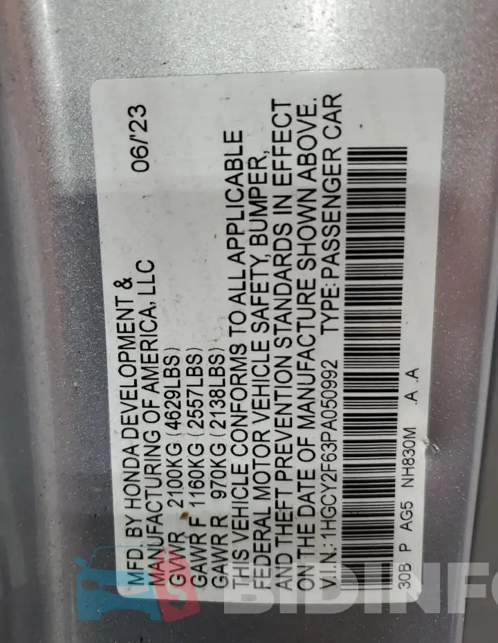 1HGCY2F63PA050992 Photo# 12