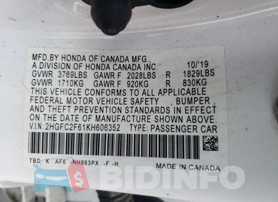 2HGFC2F61KH606352 Photo# 12