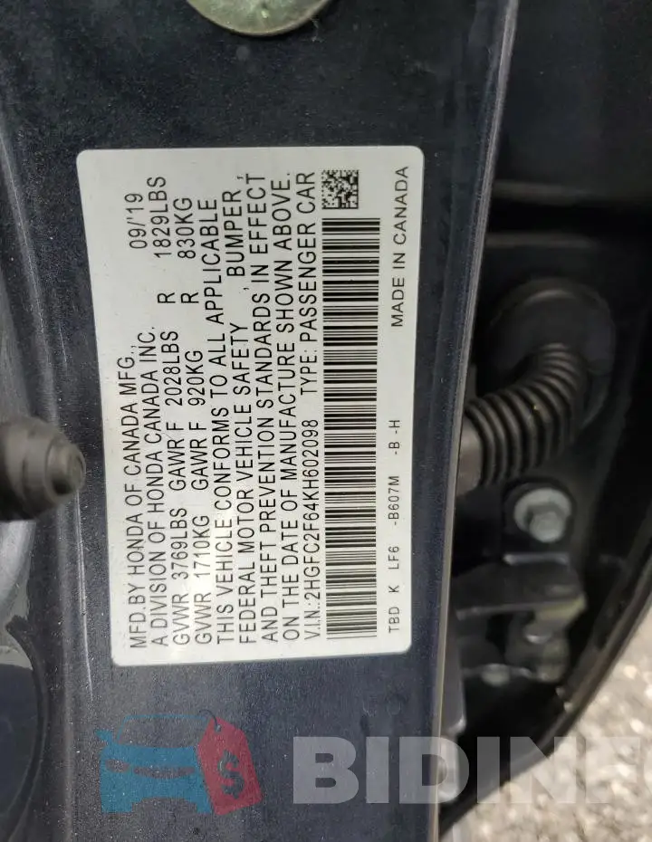 2HGFC2F64KH602098 Photo# 12