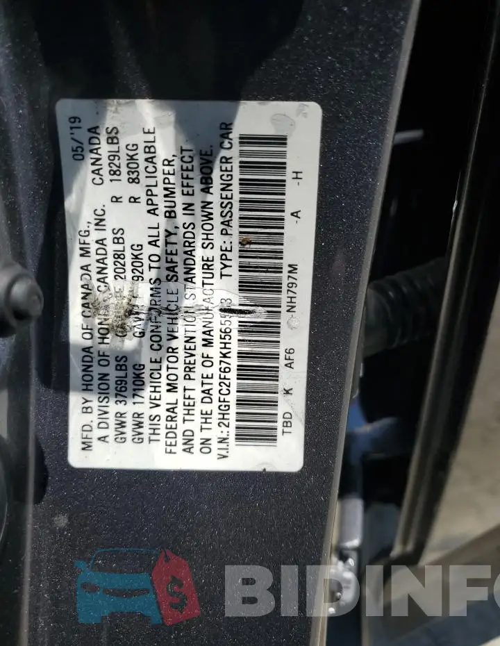 2HGFC2F67KH565533 Photo# 12