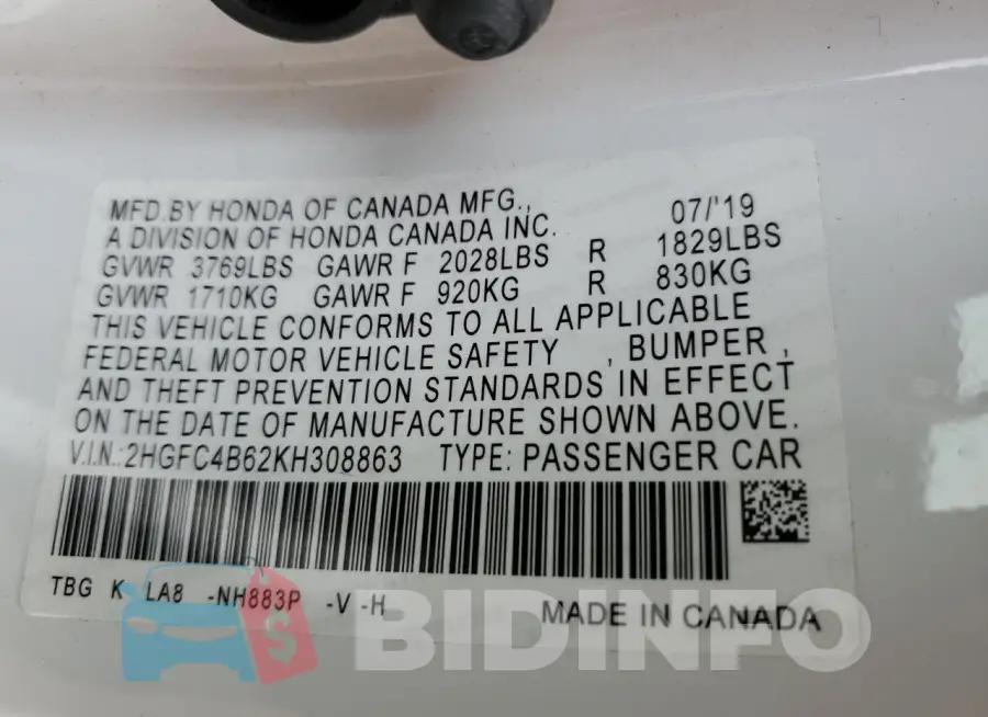 2HGFC4B62KH308863 Photo# 13