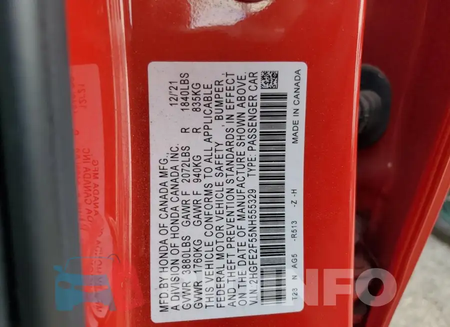 2HGFE2F55NH555329 Photo# 12
