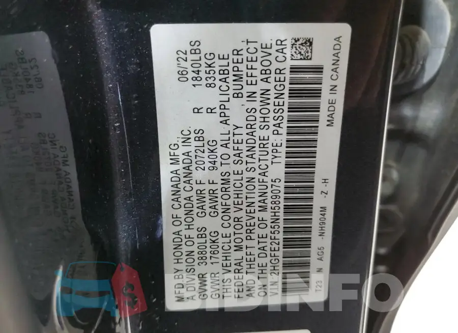 2HGFE2F55NH589075 Photo# 12