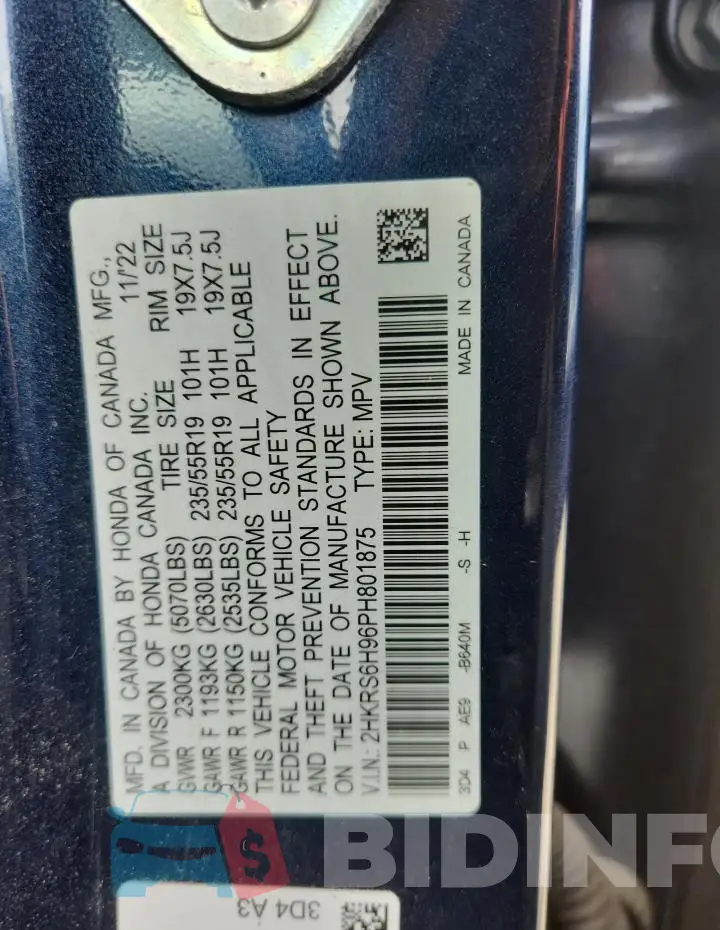 2HKRS6H96PH801875 Photo# 13